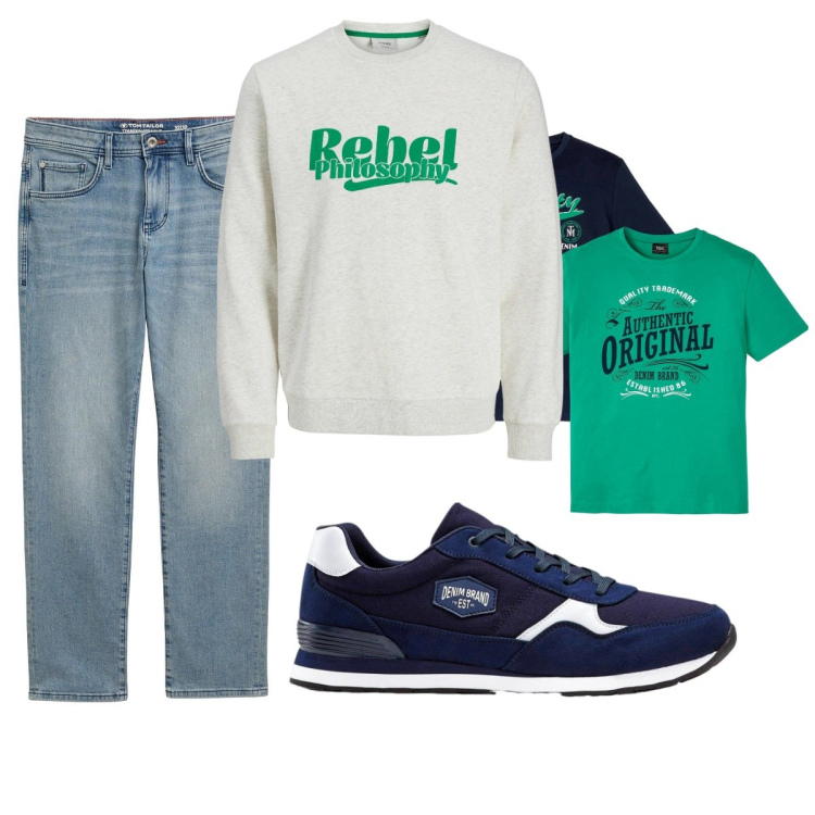 Outfit uomo - Total look #2276375. Stile Casual per Tutti i giorni. Abbinamento con sneakers, t-shirt, jeans dritti, felpe.