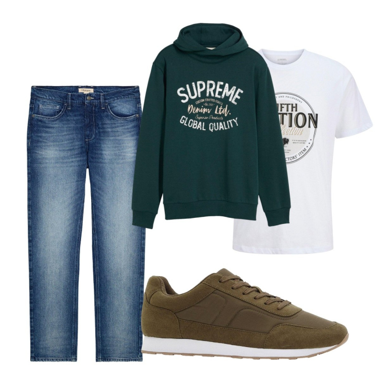 Outfit uomo - Total look #2276376. Stile Casual per Tutti i giorni. Abbinamento con jeans dritti, t-shirt, sneakers, felpe con cappuccio.