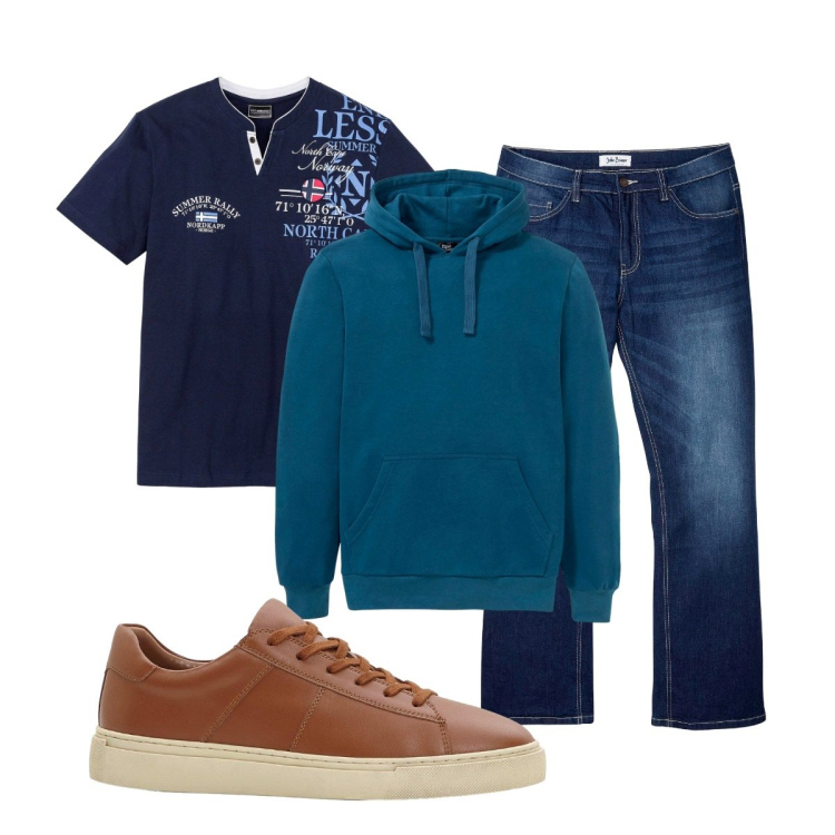 Outfit uomo - Total look #2276377. Stile Trendy per Tutti i giorni. Abbinamento con t-shirt, felpe con cappuccio, jeans bootcut, sneakers.