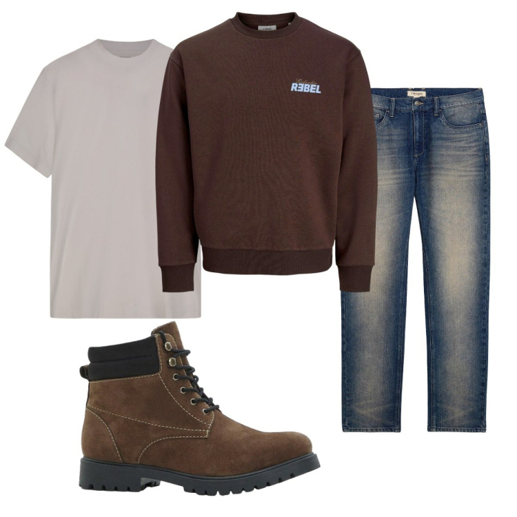 Outfit uomo - Total look #2276380. Stile Casual per Tutti i giorni. Abbinamento con jeans dritti, felpe, stivali e stivaletti, t-shirt.