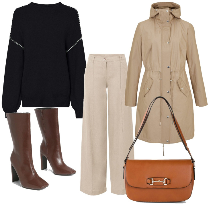 Outfit femme - Basique. Style Basique pour Tous les jours. Assortir avec sacs à main, pantalon large en bas, parka, pulls, bottes.