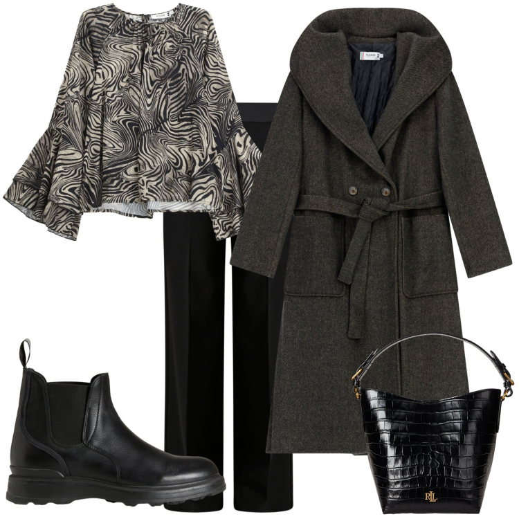 Outfit donna - Total black Mood. Stile Urban per Tutti i giorni. Abbinamento con pantaloni a palazzo, camicie, cappotti, stivaletti, borse a secchiello.