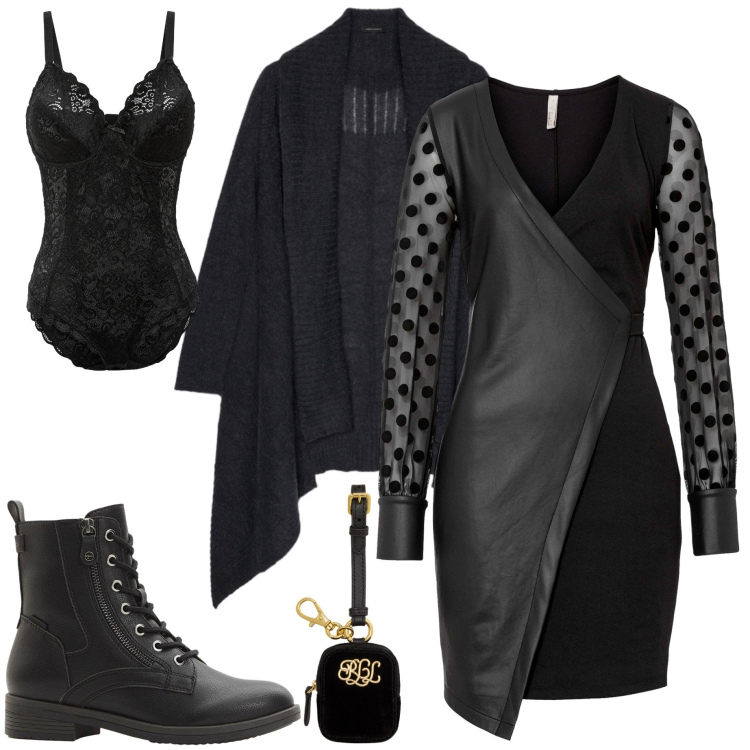 Outfit donna - Total black Mood. Stile Sporty chic per Serata fuori. Abbinamento con vestiti, body, stivaletti, pochette, cardigans.
