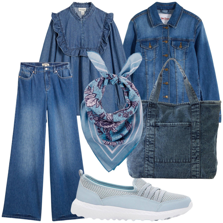 Outfit donna - Jeans on jeans. Stile Casual per Tutti i giorni. Abbinamento con foulard, sneakers, blazer, jeans, shopping bag, camicie.
