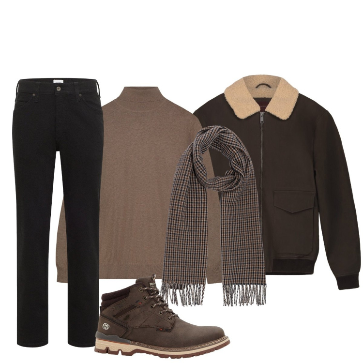 Outfit uomo - Total look #2276401. Stile Casual per Tutti i giorni. Abbinamento con jeans dritti, stivali e stivaletti, bomber, maglieria, sciarpe.