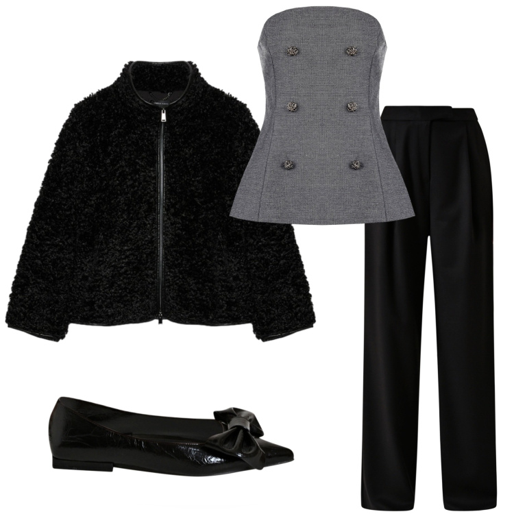 Outfit donna - Total black Mood. Stile Casual chic per Serata fuori. Abbinamento con pantaloni, ballerine, top, ecopellicce.