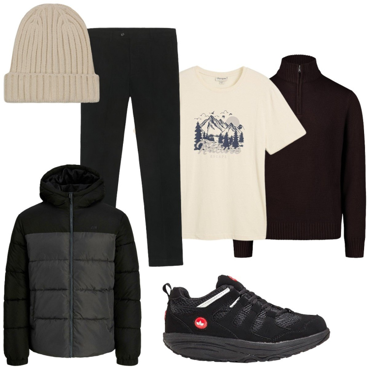 Outfit uomo - Total look #2276406. Stile Casual per Tutti i giorni. Abbinamento con piumini, t-shirt, sneakers, pantaloni chino, berretti, maglieria.