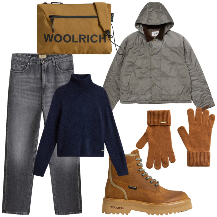 Outfit donna - I love Woolrich. Stile Casual chic per Tutti i giorni. Abbinamento con blazer, jeans, borse a tracolla, guanti, anfibi, maglieria.
