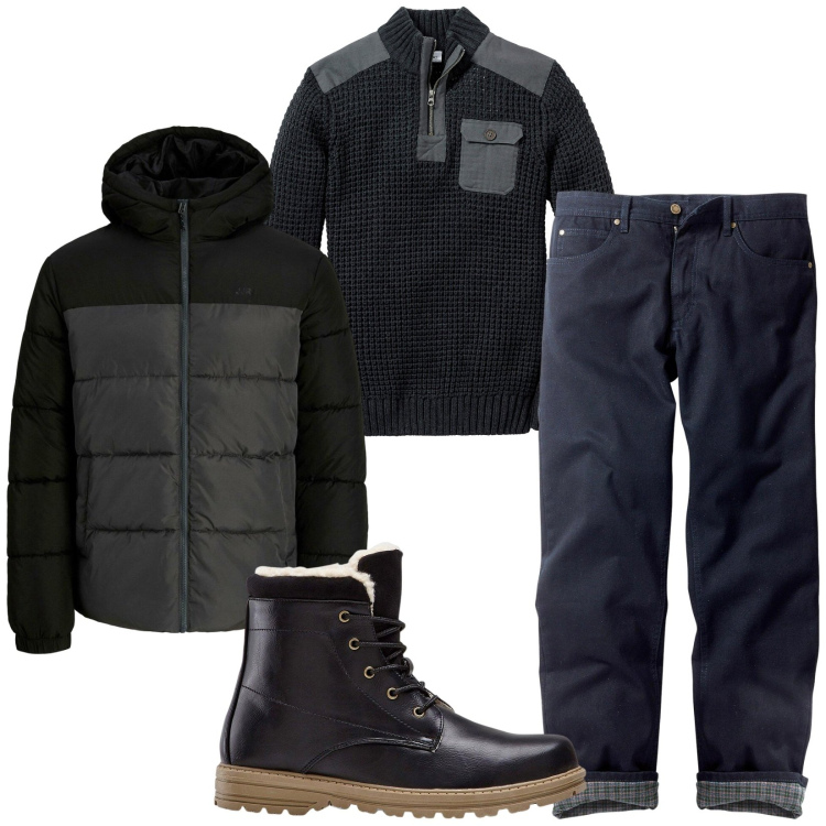 Outfit uomo - Total look #2276418. Stile Urban per Tutti i giorni. Abbinamento con maglieria, jeans dritti, stivali e stivaletti, piumini.