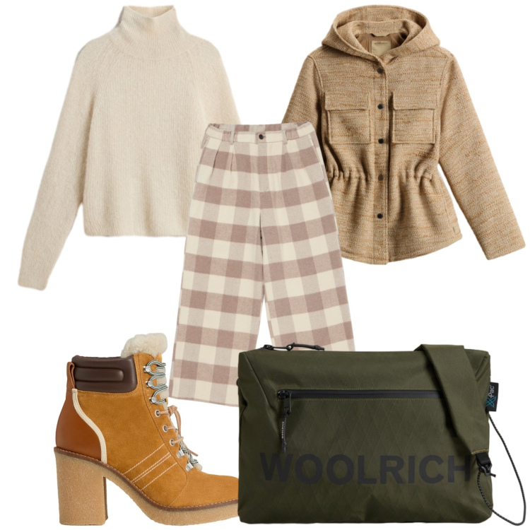 Outfit donna - New entry Woolrich. Stile Casual chic per Tutti i giorni. Abbinamento con blazer, maglieria, pantaloni, stivaletti, borse a tracolla.
