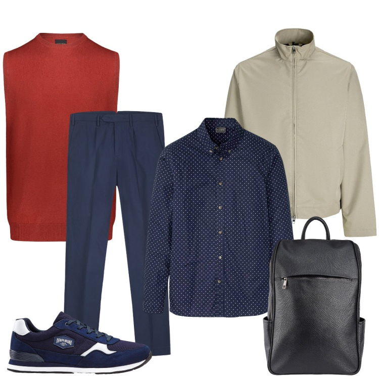 Outfit uomo - Total look #2276438. Stile Trendy per Ufficio. Abbinamento con sneakers, camicie, giacche, gilet, pantaloni, borse sportive.