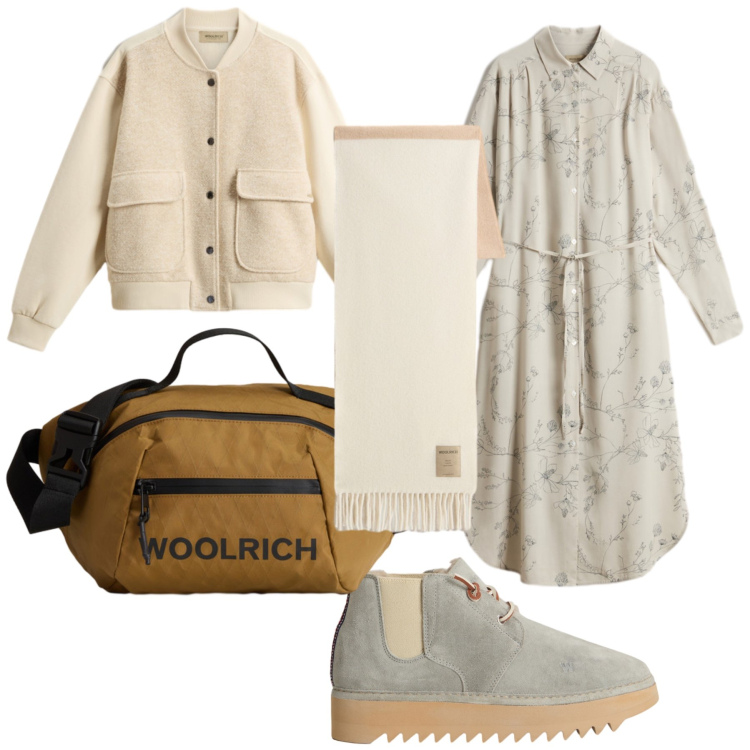 Outfit donna - Bon ton Woolrich. Stile Trendy per Ufficio. Abbinamento con vestiti lunghi, felpe, stivaletti, borse a tracolla, sciarpe.