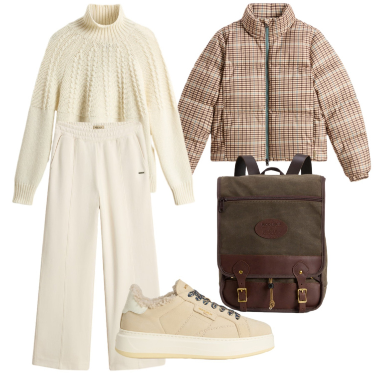 Outfit donna - Woolrich e la montagna. Stile Casual chic per Tutti i giorni. Abbinamento con piumini, maglieria, pantaloni, sneakers, zaini.