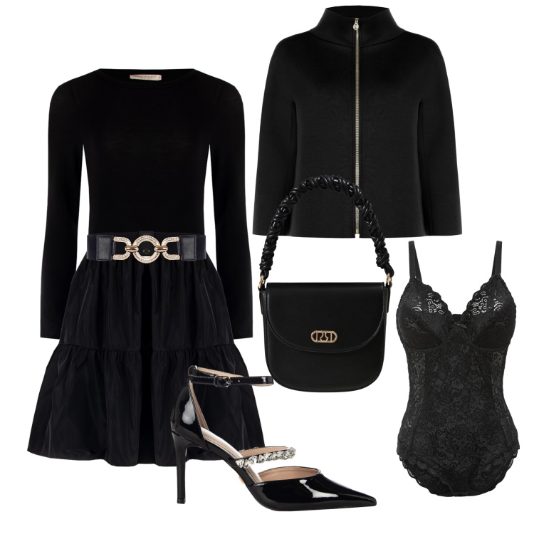 Outfit donna - Serata total black. Stile Chic per Serata fuori. Abbinamento con body, cinture, cappe, borse a mano, décolleté, vestiti corti.
