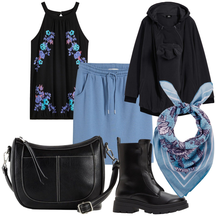 Outfit donna - Appuntamento al cinema. Stile Urban per Tutti i giorni. Abbinamento con top, foulard, blazer, gonne, stivaletti, borse a tracolla.