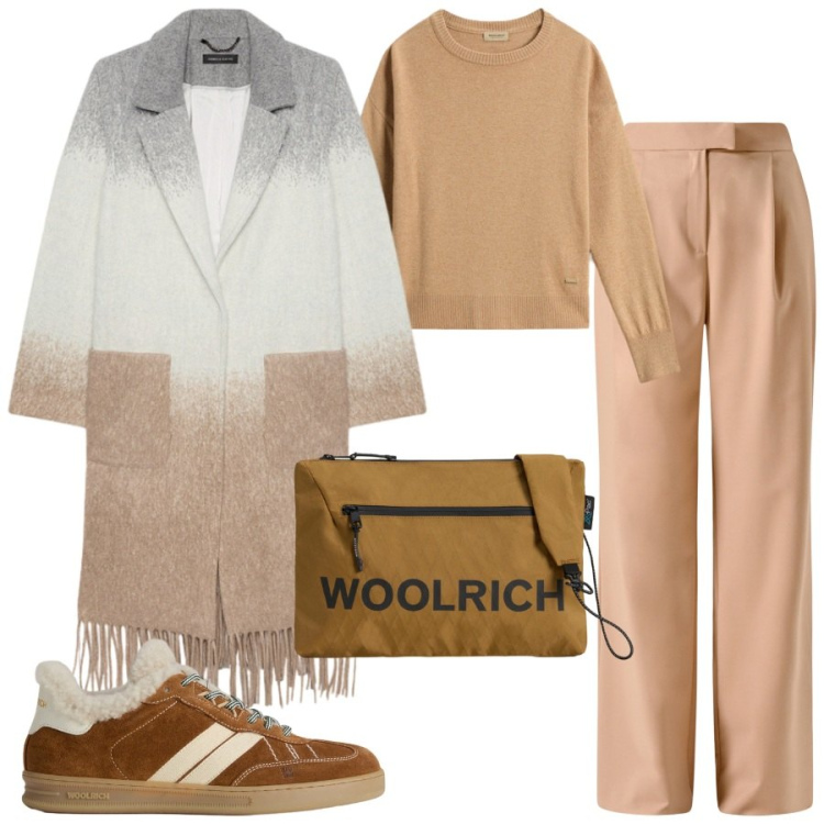Outfit donna - Sfumature con frange. Stile Casual chic per Tutti i giorni. Abbinamento con pantaloni, borse a tracolla, sneakers, maglieria, cappotti.