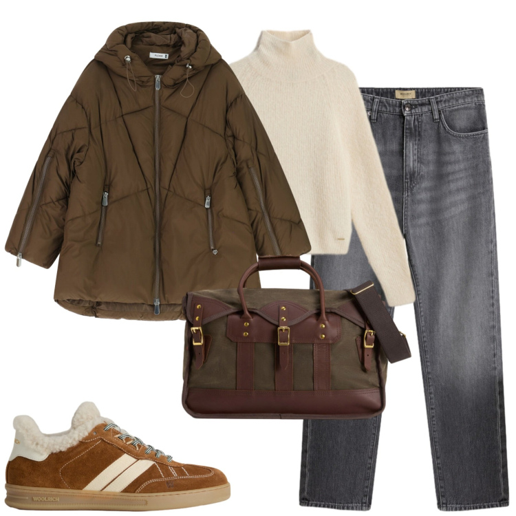 Outfit donna - Quasi inverno. Stile Casual chic per Tutti i giorni. Abbinamento con piumini, sneakers, jeans, maglieria, borse a tracolla.