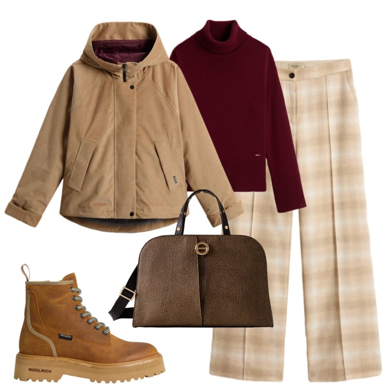 Outfit donna - Woollrich style. Stile Casual chic per Tutti i giorni. Abbinamento con anfibi, pantaloni, maglieria, blazer, borse a mano.