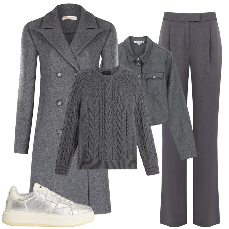 Outfit donna - Grigio e argento. Stile Glamour per Tutti i giorni. Abbinamento con pantaloni, cappotti, camicie, maglieria, sneakers.
