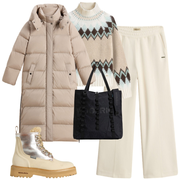 Outfit donna - Woollrich. Stile Casual chic per Tutti i giorni. Abbinamento con anfibi, pantaloni, maglieria, parka, borse tote.