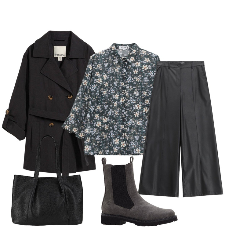 Outfit donna - Nero antracite. Stile Casual chic per Ufficio. Abbinamento con trench, stivaletti chelsea, shopping bag, pantaloni, camicie.