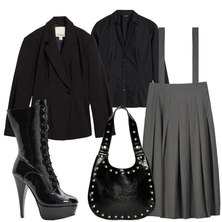 Outfit donna - Un look che spacca. Stile Glamour per Serata fuori. Abbinamento con camicie, stivaletti, blazer, gonne lunghe, borse a spalla.