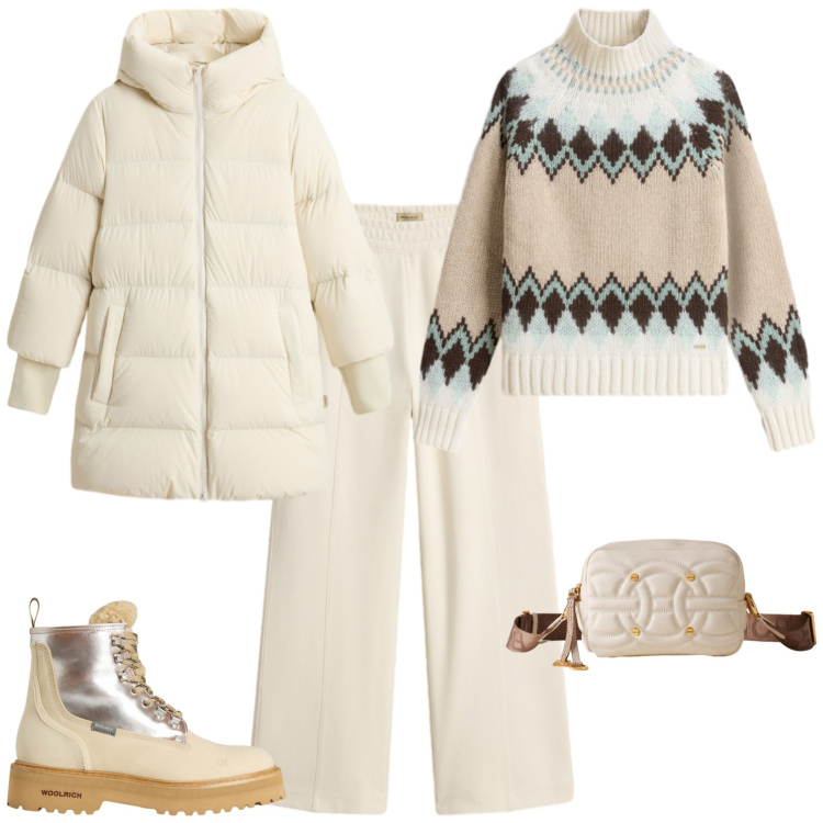Outfit donna - Week end in montagna. Stile Sporty chic per Tutti i giorni. Abbinamento con pantaloni, anfibi, maglieria, piumini, borse a tracolla.
