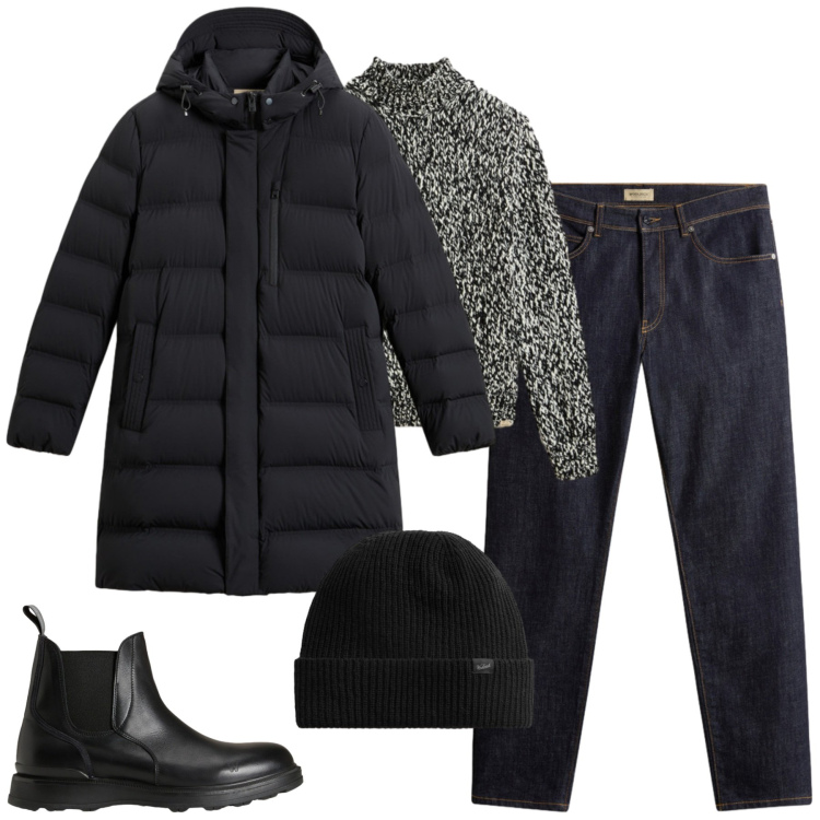 Outfit uomo - Il piumino importante. Stile Urban per Tutti i giorni. Abbinamento con piumini, maglieria, pantaloni, stivali e stivaletti, berretti.