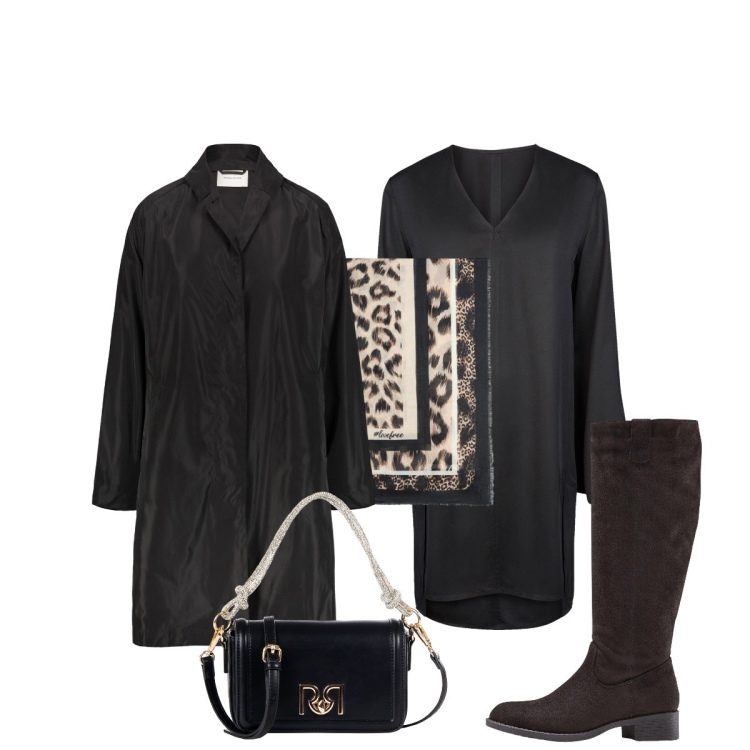 Outfit donna - Total black mood. Stile Bon Ton per Serata fuori. Abbinamento con stivali, borse a mano, trench, vestiti a tubino, foulard.