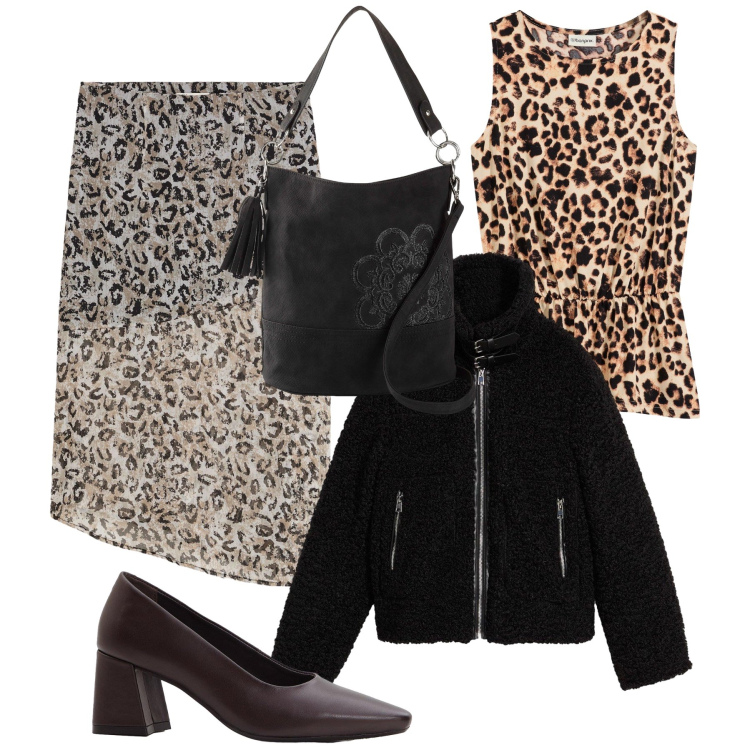 Outfit donna - Pomeriggio per merenda al bar. Stile Urban per Tutti i giorni. Abbinamento con ecopellicce, borse a mano, top, décolleté, gonne longuette.