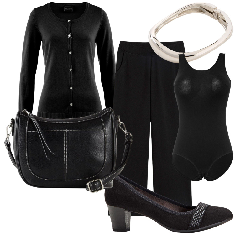 Outfit donna - Black is basic. Stile Basic per Tutti i giorni. Abbinamento con cardigans, body, pantaloni a palazzo, décolleté, braccialetti, borse a tracolla.