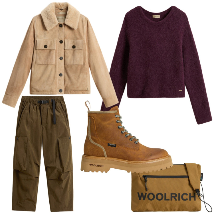 Outfit donna - In montagna con Woolrich. Stile Sporty chic per Tutti i giorni. Abbinamento con maglieria, borse a tracolla, anfibi, pantaloni cargo, piumini.