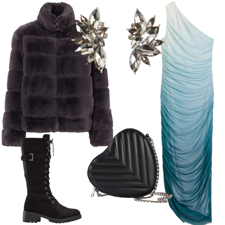 Outfit donna - Sirena innamorata. Stile Glamour per Serata fuori. Abbinamento con stivali, ecopellicce, borse a tracolla, vestiti asimmetrici, orecchini.