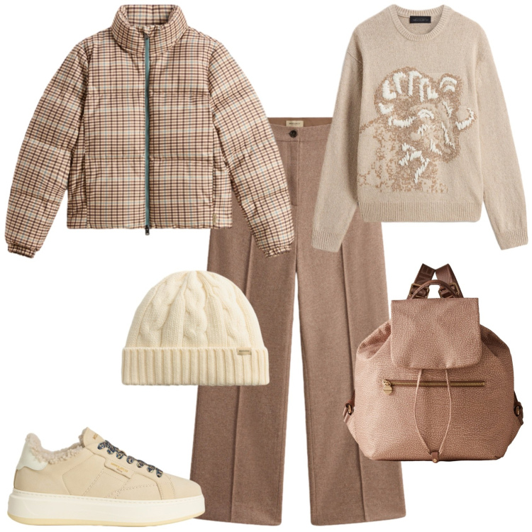 Outfit donna - Total look #2276471. Stile Trendy per Tutti i giorni. Abbinamento con piumini, pantaloni, sneakers, maglieria, berretti, zaini.