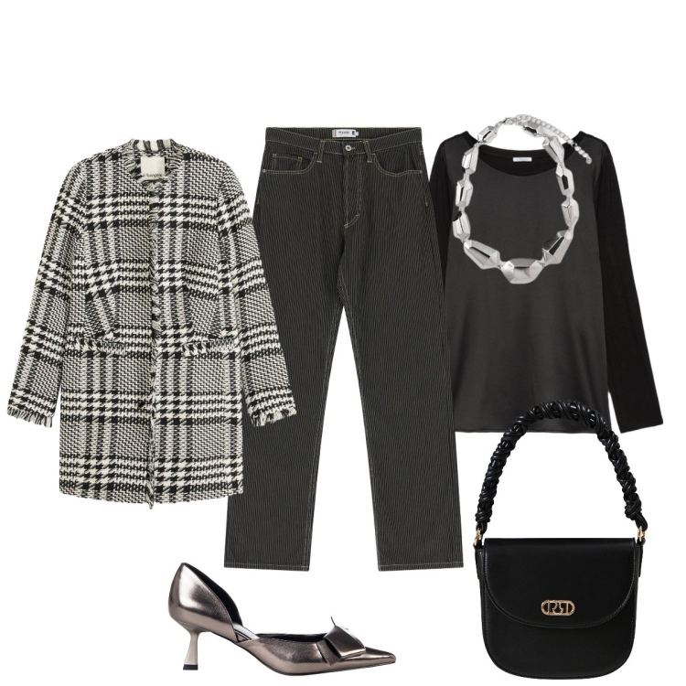 Outfit donna - In città. Stile Chic per Serata fuori. Abbinamento con blazer, décolleté, borse a mano, pantaloni, ciondoli, bluse.