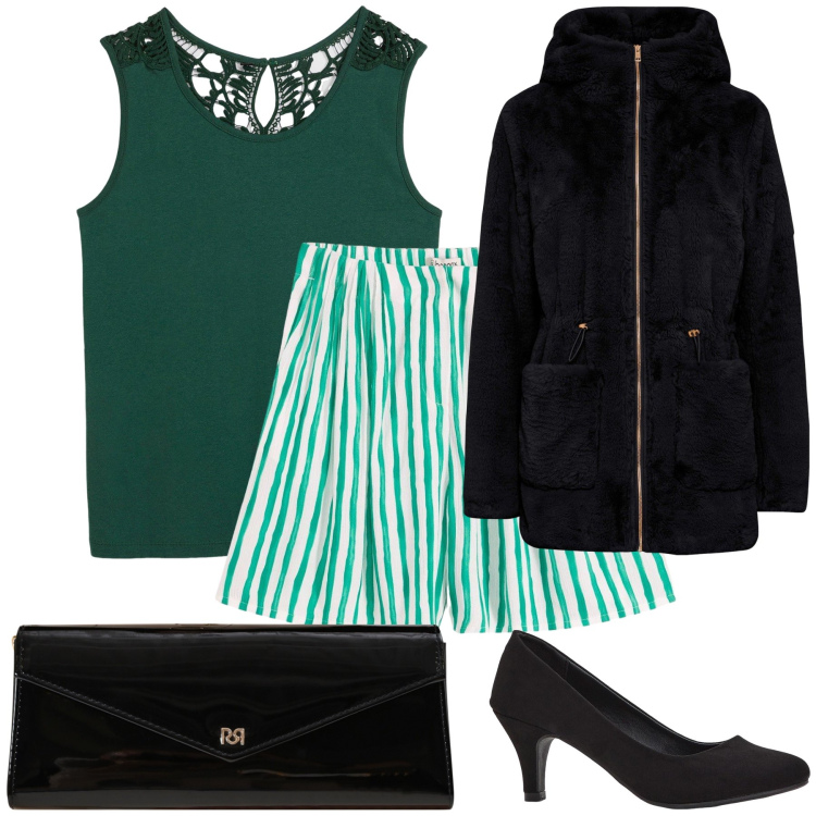 Outfit donna - Nella ragnatela. Stile Trendy per Serata fuori. Abbinamento con décolleté, ecopellicce, top, bermuda, pochette.