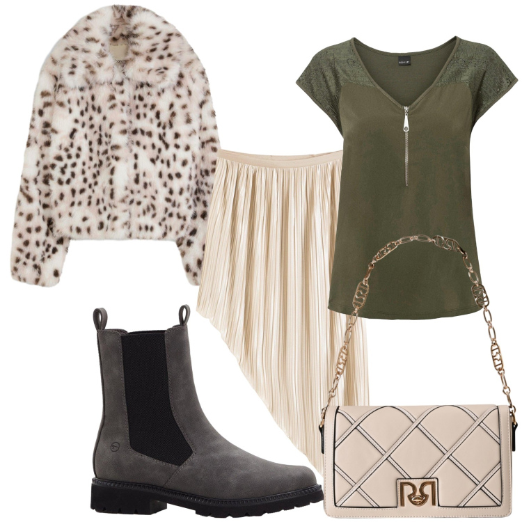 Outfit donna - Ecologica Crudelia. Stile Glamour per Ufficio. Abbinamento con ecopellicce, t-shirt, gonne, stivaletti chelsea, borse a tracolla.