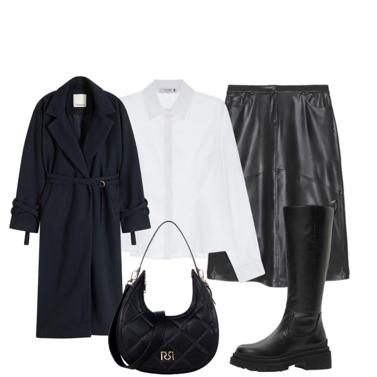 Outfit donna - Minimal chic. Stile Minimal per Serata fuori. Abbinamento con cappotti, stivali, borse a tracolla, camicie, gonne lunghe.