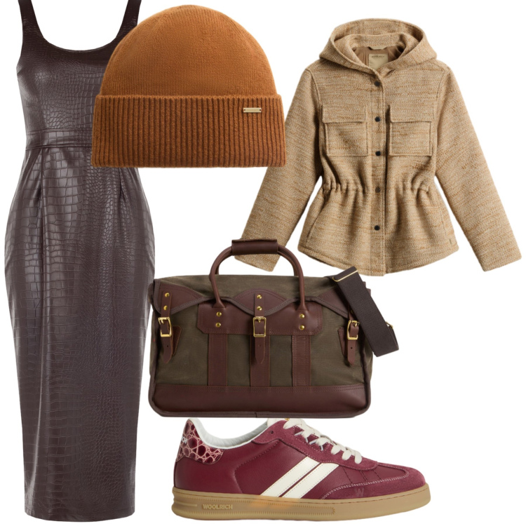 Outfit donna - Woolrich sporty chic. Stile Sporty chic per Ufficio. Abbinamento con vestiti a tubino, blazer, borse a tracolla, sneakers, berretti.