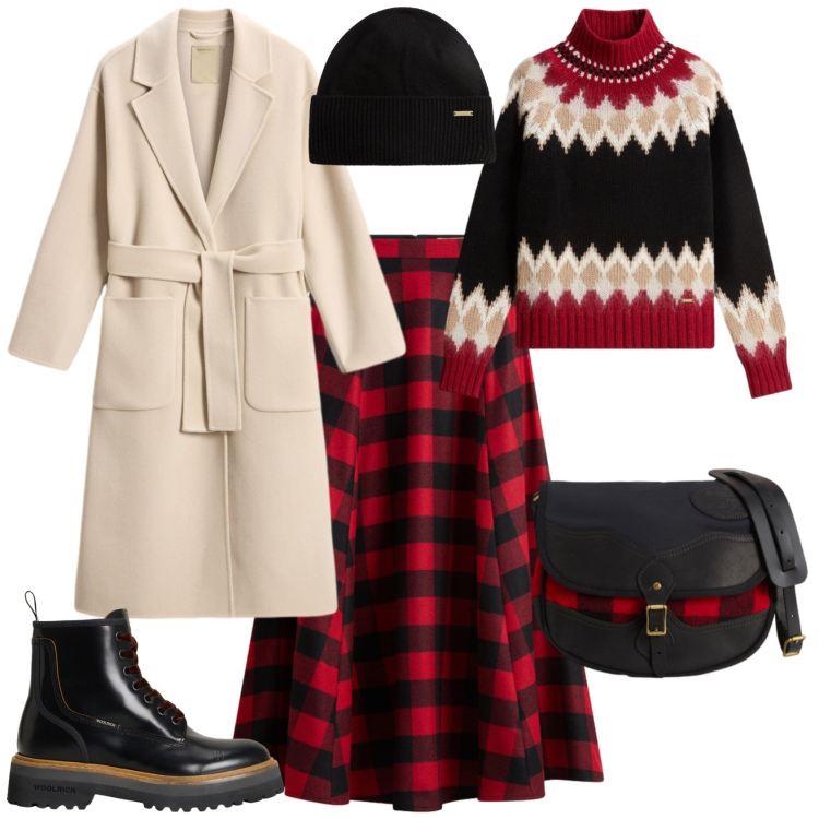 Outfit donna - Total look #2276484. Stile Casual chic per Tutti i giorni. Abbinamento con borse a tracolla, anfibi, gonne lunghe, cappotti, maglieria, berretti.