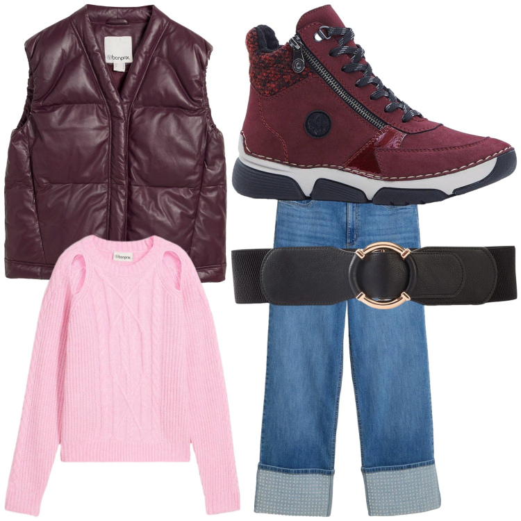 Outfit donna - Maglietta rosa e tutto a Bonprix. Stile Casual chic per Tutti i giorni. Abbinamento con jeans dritti, cinture, stivaletti, maglieria, piumini.