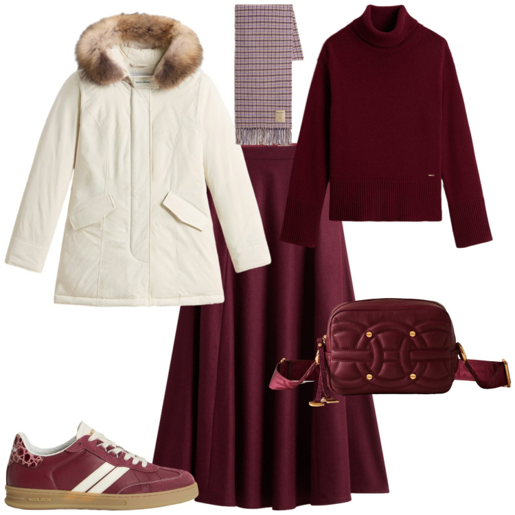 Outfit donna - Total look #2276497. Stile Casual chic per Tutti i giorni. Abbinamento con gonne lunghe, sciarpe, maglieria, sneakers, parka, borse a tracolla.