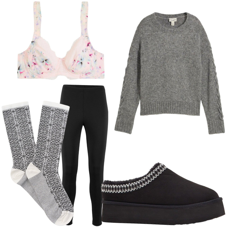 Outfit donna - Giornata uggiosa in casa. Stile Basic per Tutti i giorni. Abbinamento con leggings, stivaletti, maglieria, reggiseni, calzini.
