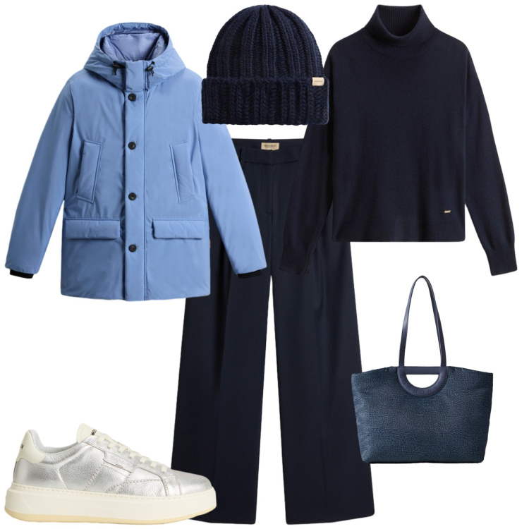 Outfit donna - Trendy azzurro blu. Stile Trendy per Tutti i giorni. Abbinamento con sneakers, pantaloni, maglieria, parka, berretti, shopping bag.