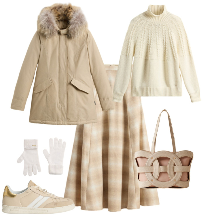 Outfit donna - Casual chic. Stile Casual chic per Tutti i giorni. Abbinamento con gonne lunghe, sneakers, maglieria, parka, guanti, shopping bag.