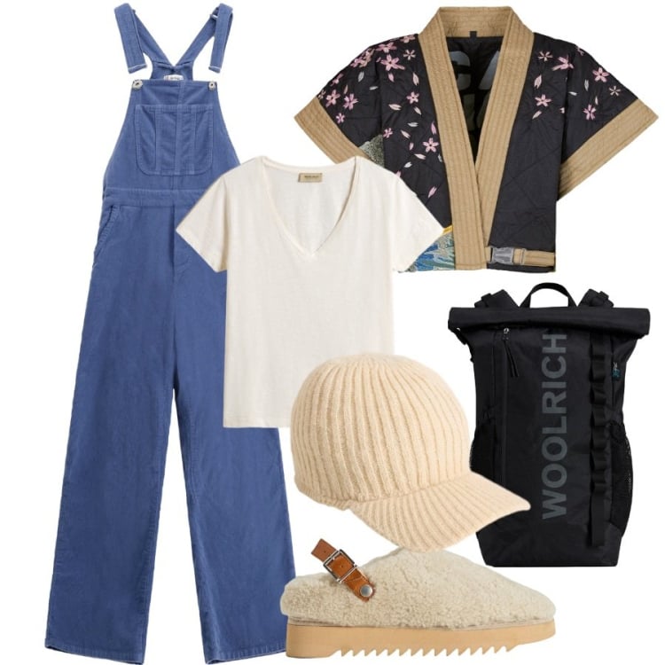 Outfit donna - In viaggio. Stile Casual chic per Tutti i giorni. Abbinamento con salopette, zaini, sabot, cappelli, t-shirt, kimono.