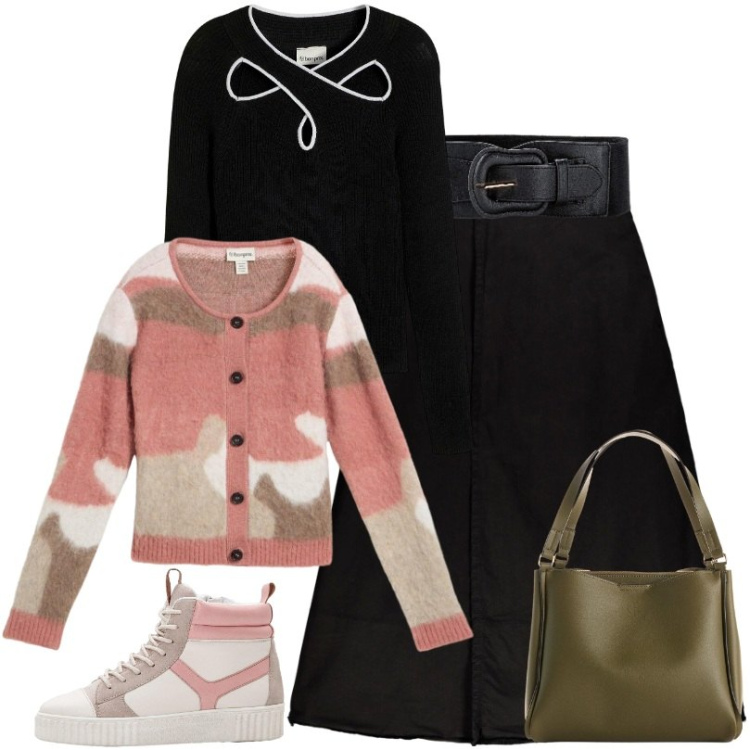 Outfit donna - Delizioso cardigan a fantasia grafica. Stile Casual per Tutti i giorni. Abbinamento con cinture, sneakers alte, maglieria, borse a mano, cardigans, gonne lunghe.