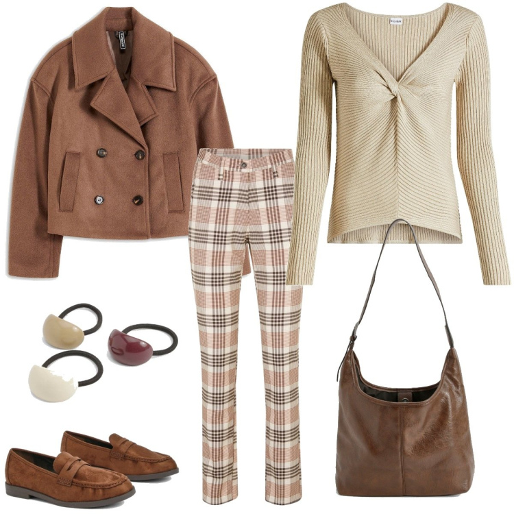 Outfit femme - Camaïeu de novembre. Style Tendance pour Tous les jours. Assortir avec pantalon , pulls, blazers, accessoires pour cheveux, sacs à main, mocassins.