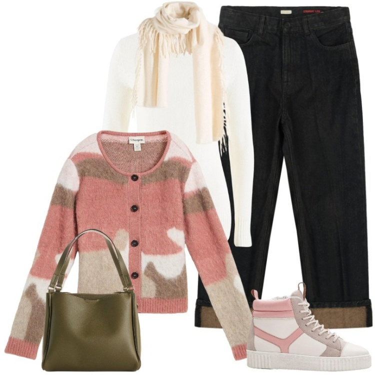 Outfit donna - Elegante borsa da portare tutti i giorni. Stile Basic per Tutti i giorni. Abbinamento con borse a mano, maglieria, sneakers alte, sciarpe, cardigans, jeans dritti.