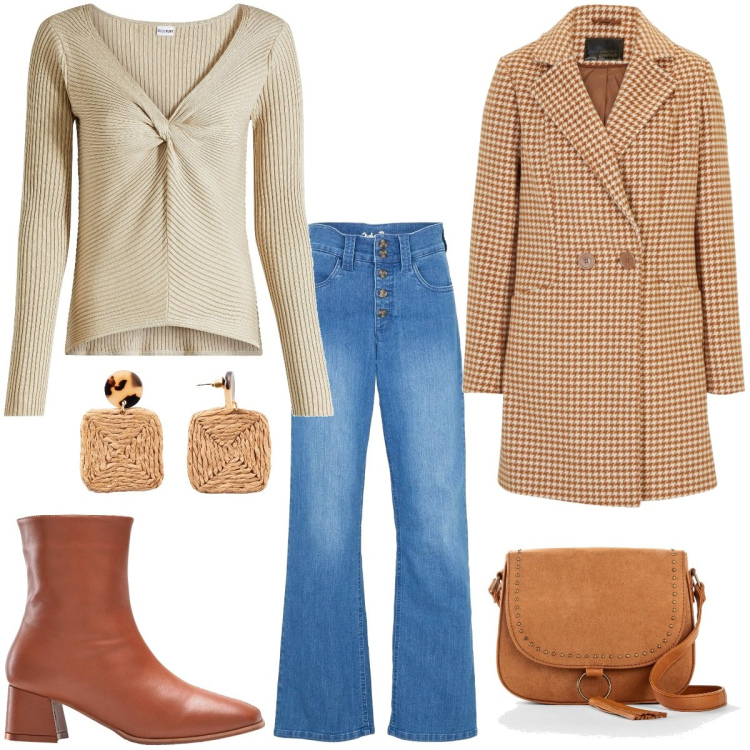Outfit femme - Tendance de novembre. Style Tendance pour Tous les jours. Assortir avec boucles d'oreilles, sacs en bandoulière, bottines, manteaux, pulls, jean coupe droite.